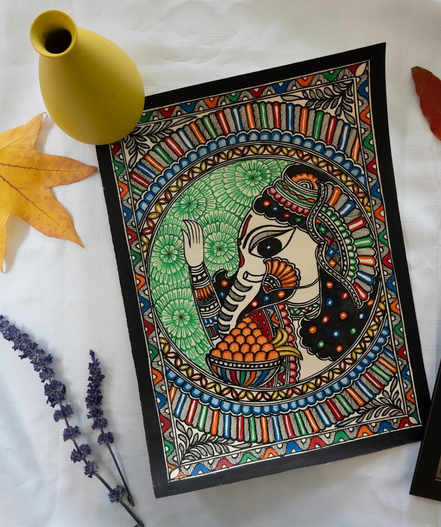 Handmade Madhubani Ganesha Painting – Vibrant Indian Art