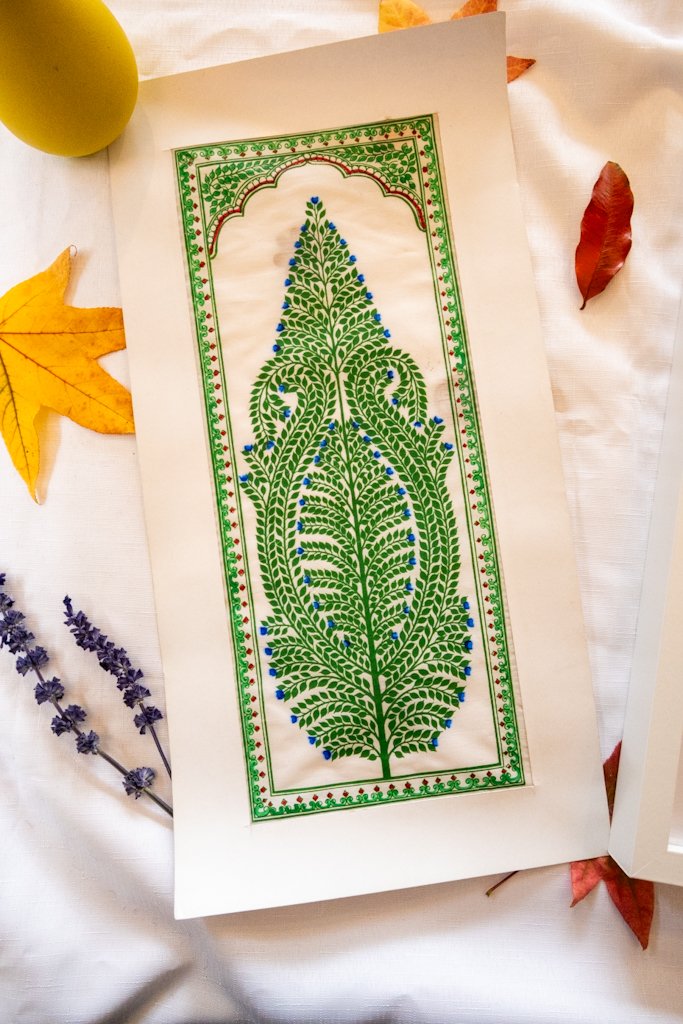 Handmade Pattachitra Painting – Intricate Green Leaf Motif with Blue Accents