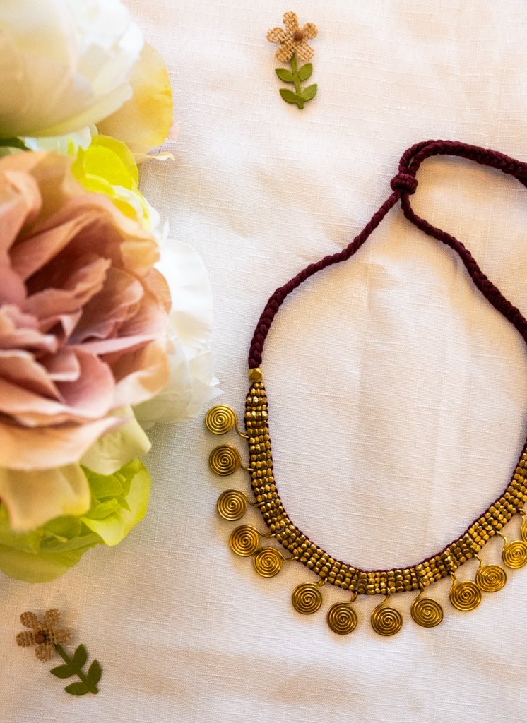 Handmade Dhokra Brass Spiral Pendant Necklace – Woven Bead Chain