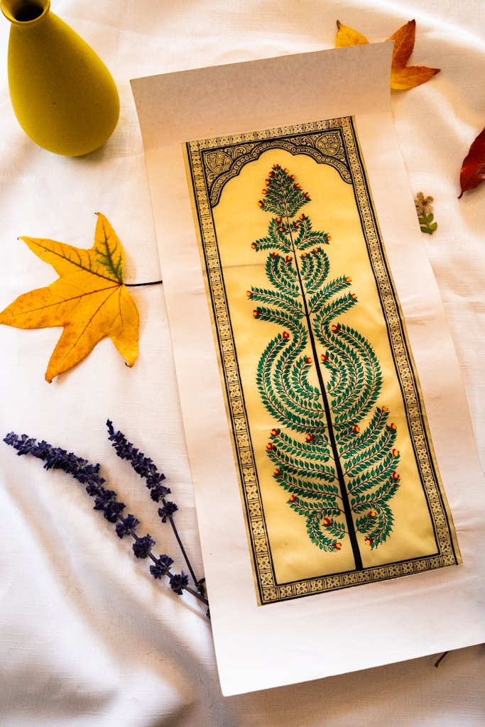Handmade Pattachitra Painting – Traditional Leaf Motif in Green & Gold