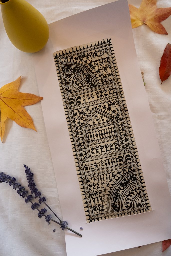 Handmade Warli Painting – Traditional Tribal Village Life in Black & White