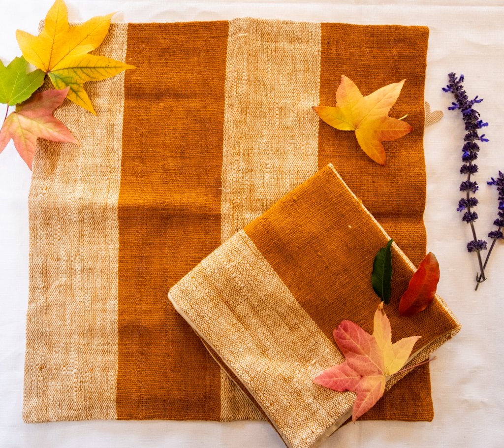 Handwoven Bhujodi Wool Cushion Cover – Ochre & Natural Stripes