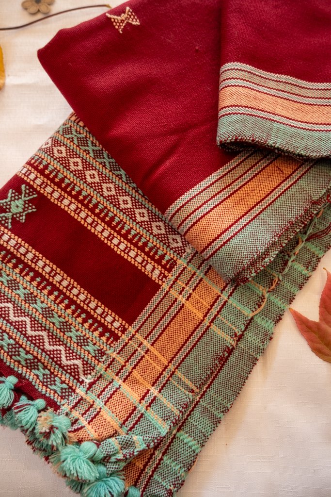 Handwoven Bhujodi Wool Shawl – Maroon with Traditional Kutch Motifs & Tassels