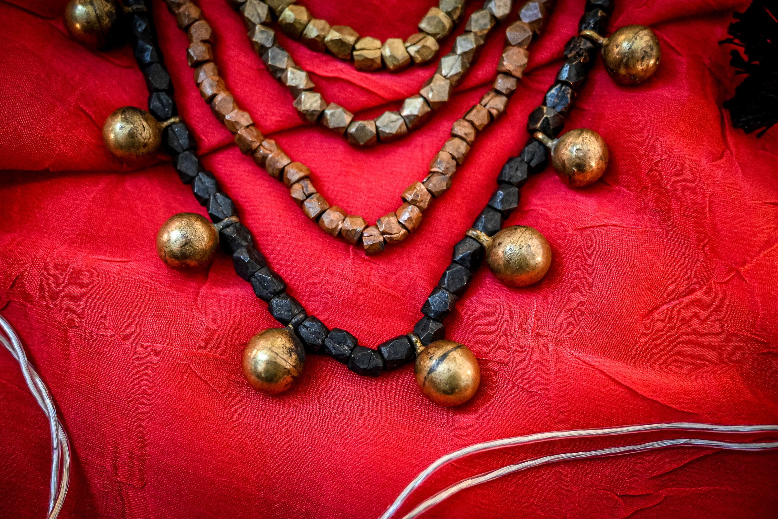 Handmade Dhokra Layered Brass Ball Necklace – Black Woven Cord