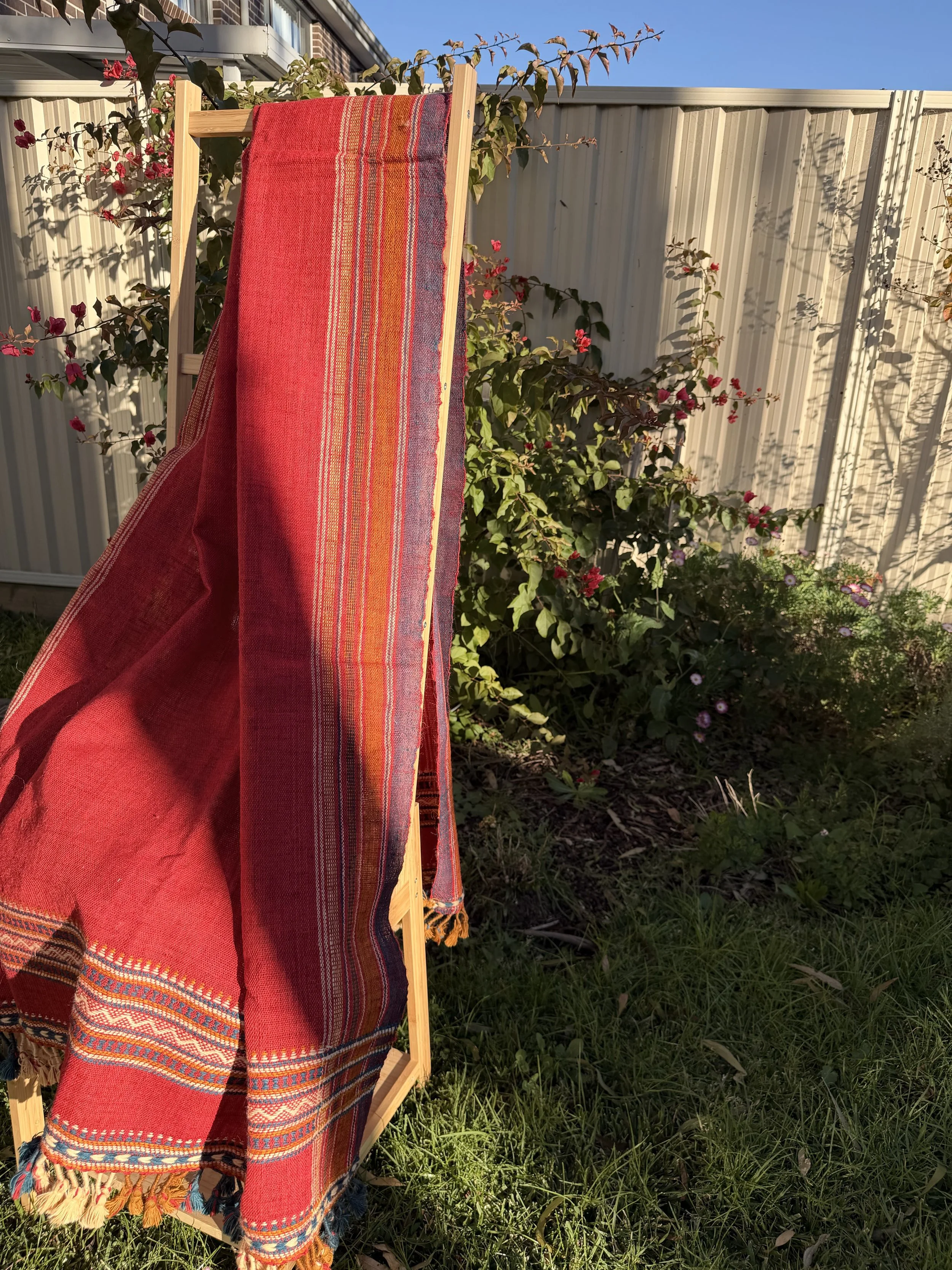 Handwoven Bhujodi Wool Throw Deep Red with Multicolour Kutch Motifs Tassels