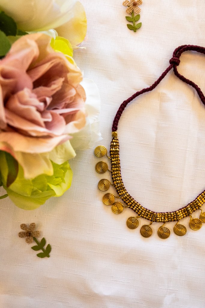 Handmade Dhokra Brass Spiral Pendant Necklace – Woven Bead Chain