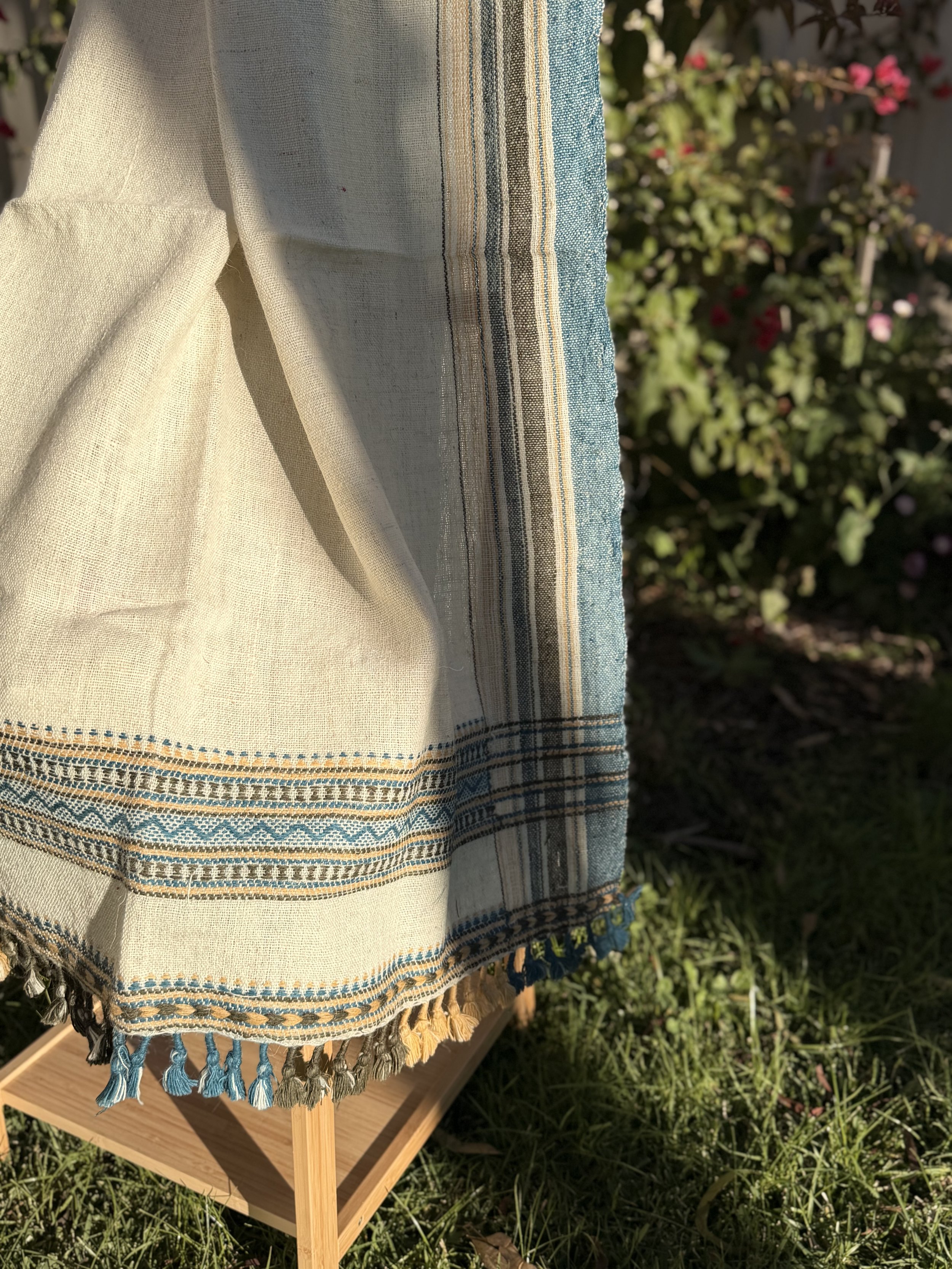 Handwoven Bhujodi Wool Throw Natural Ivory with Indigo Stripes Tassels