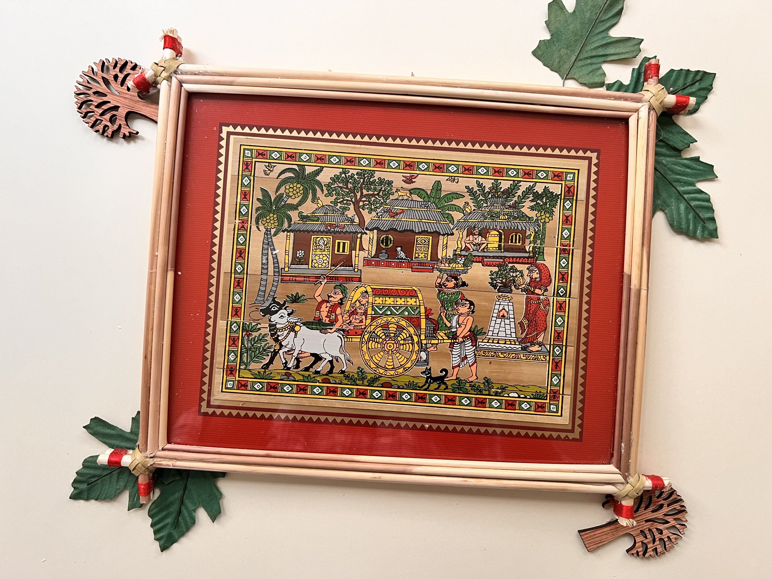 Handmade Pattachitra Bullock Cart Village Scene Painting – Bamboo Frame