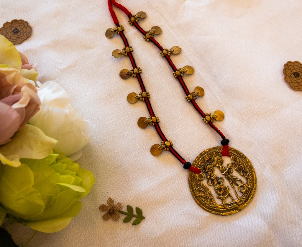 Handmade Dhokra Radha Krishna Pendant Necklace – Brass with Red-Black Cord