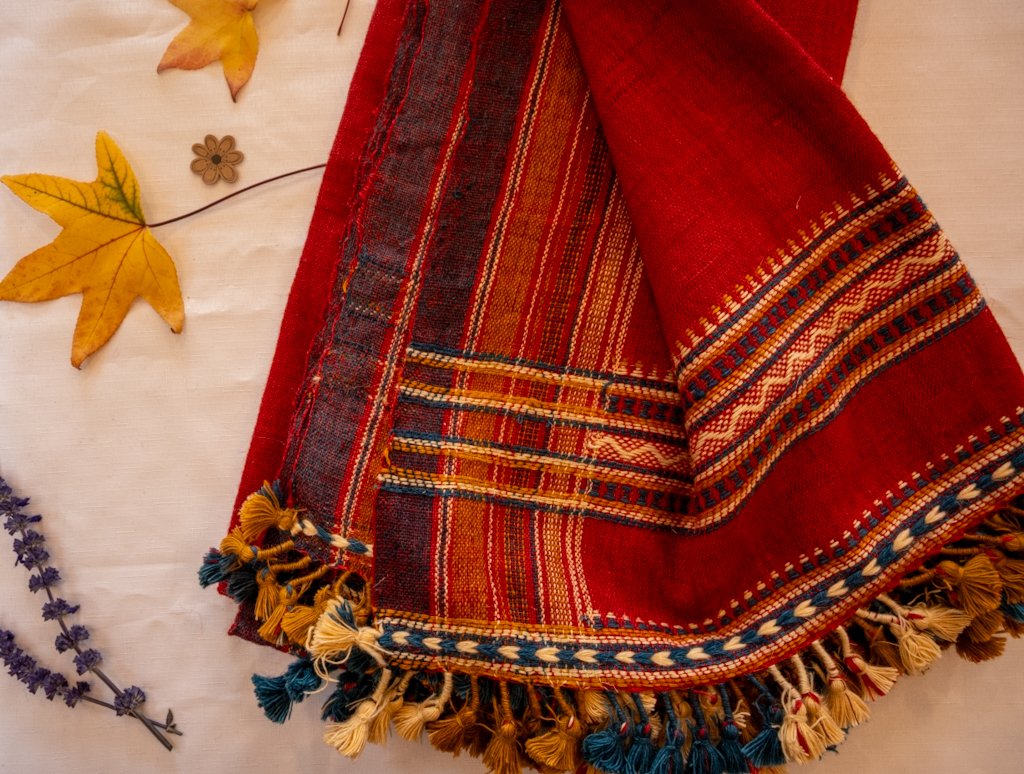 Handwoven Bhujodi Wool Throw – Deep Red with Multicolour Kutch Motifs & Tassels