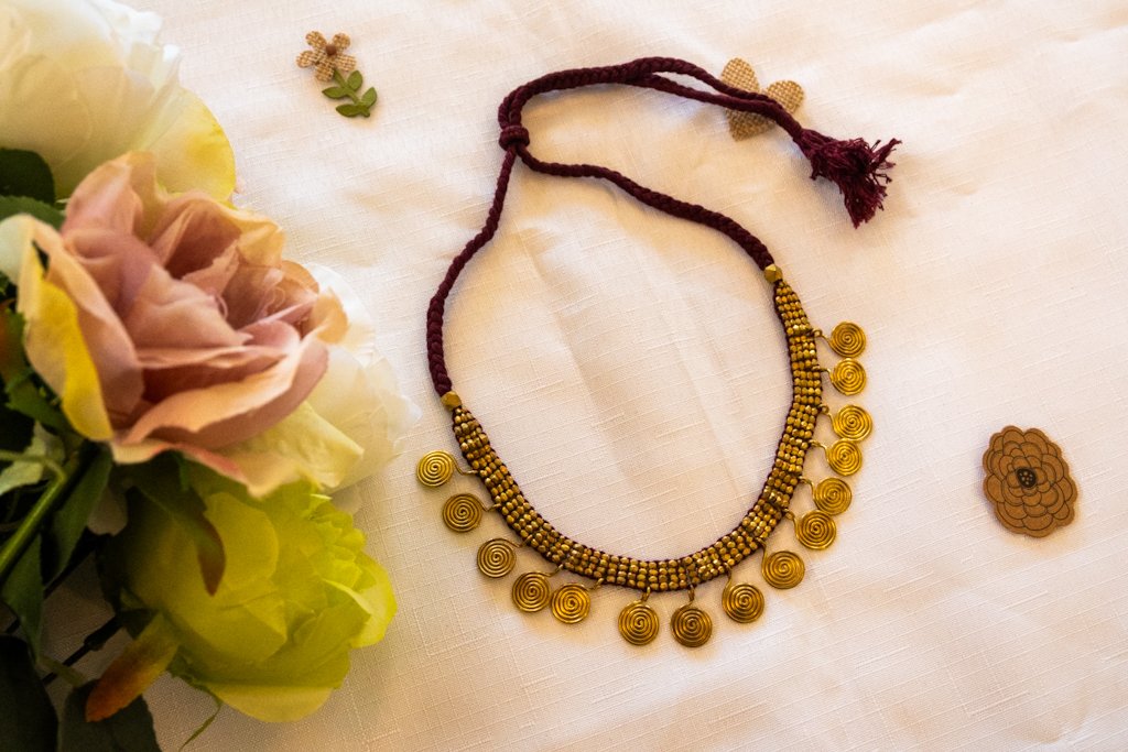 Handmade Dhokra Brass Spiral Pendant Necklace – Woven Bead Chain