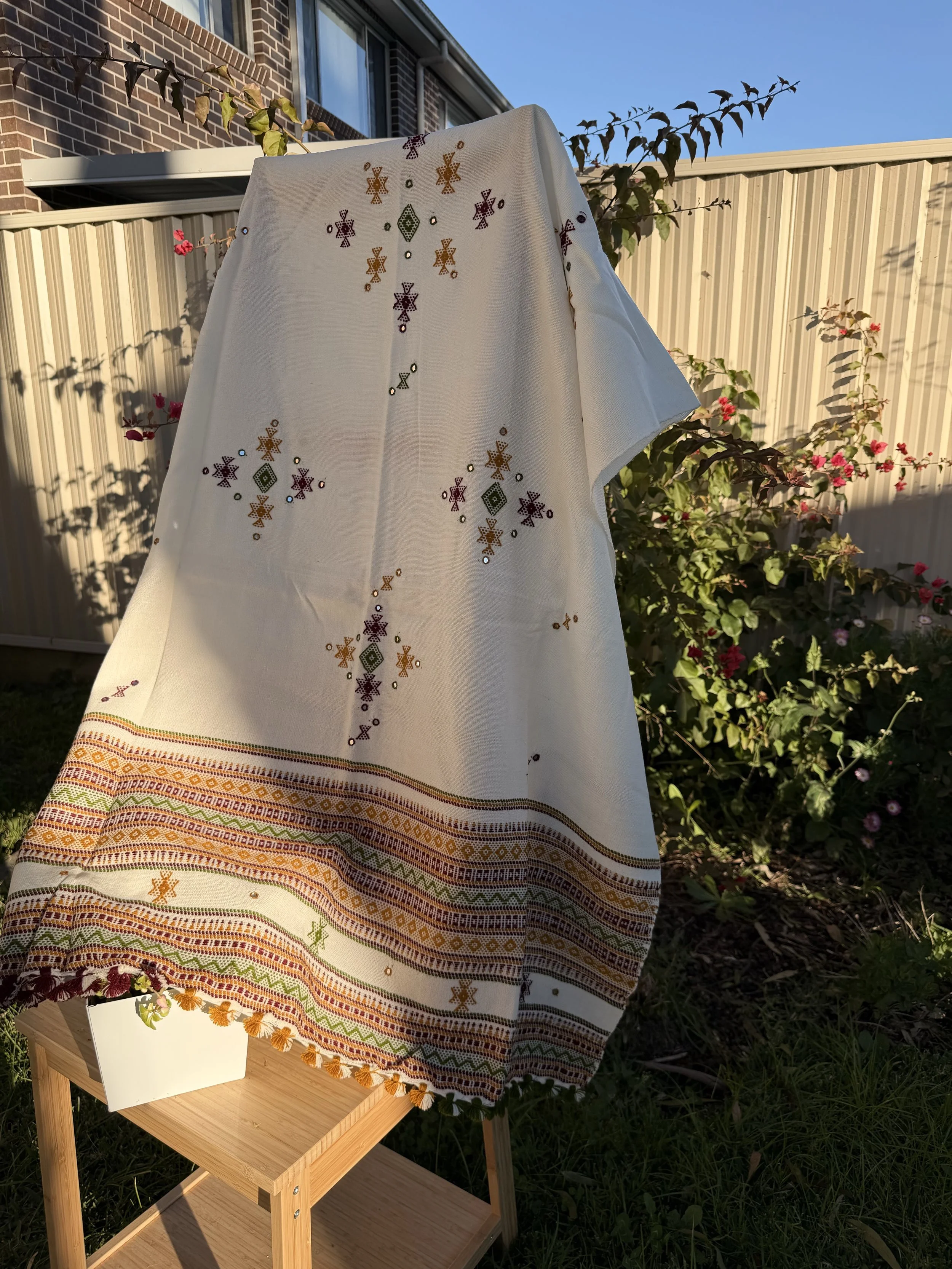 Handwoven Bhujodi Wool Shawl Ivory with Maroon Ochre Kutch Motifs