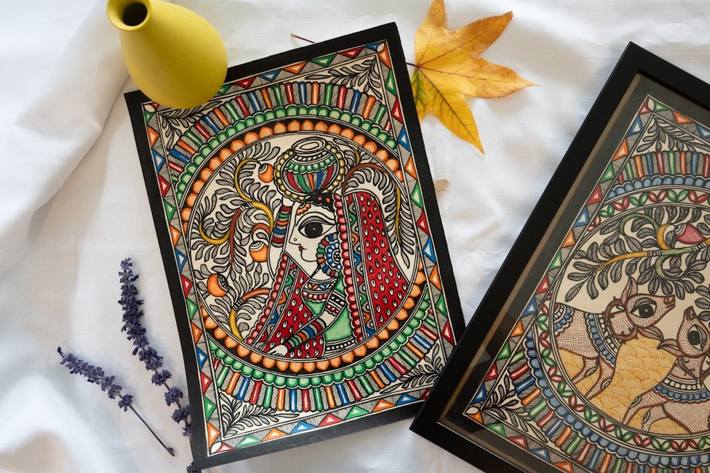 Handmade Madhubani Lady with Pot Painting – Elegant Indian Art