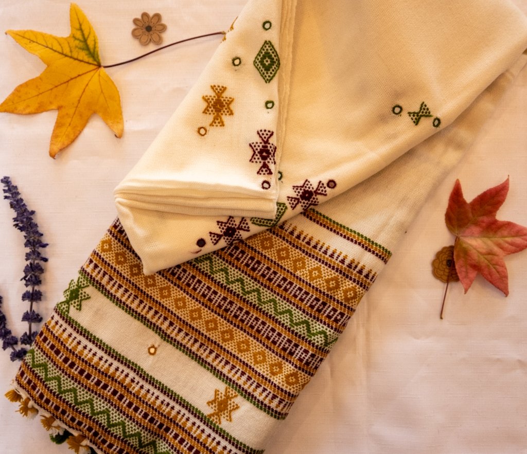 Handwoven Bhujodi Wool Shawl – Ivory with Multicolour Kutch Motifs & Borders