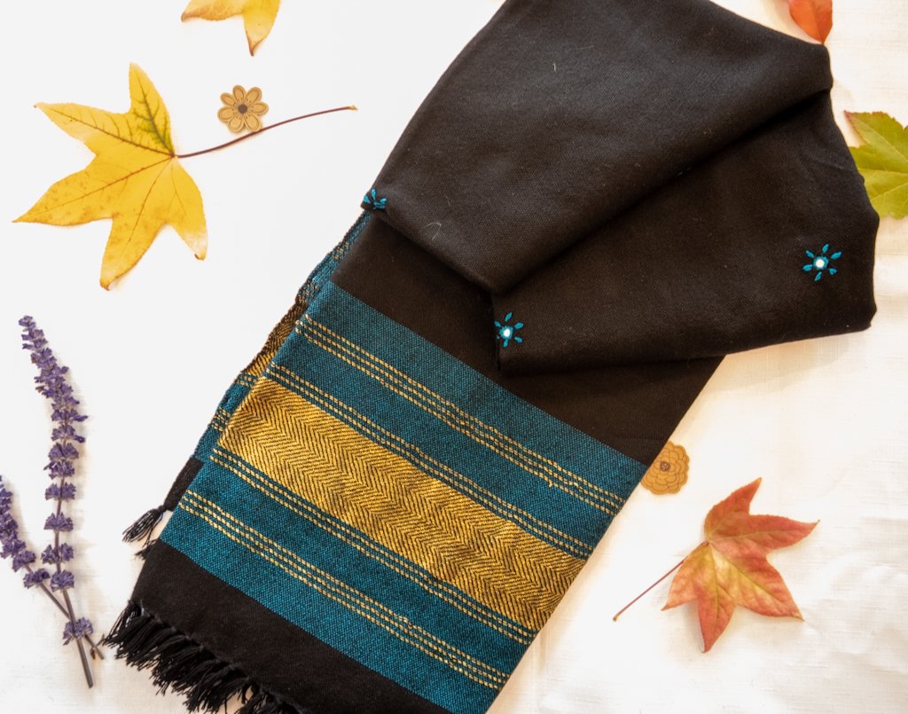 Handwoven Bhujodi Wool Shawl – Black with Teal & Mustard Chevron Motifs