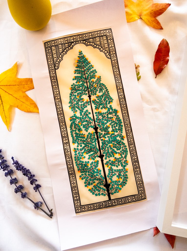 Handmade Pattachitra Painting – Intricate Green Foliage Motif with Yellow Accents
