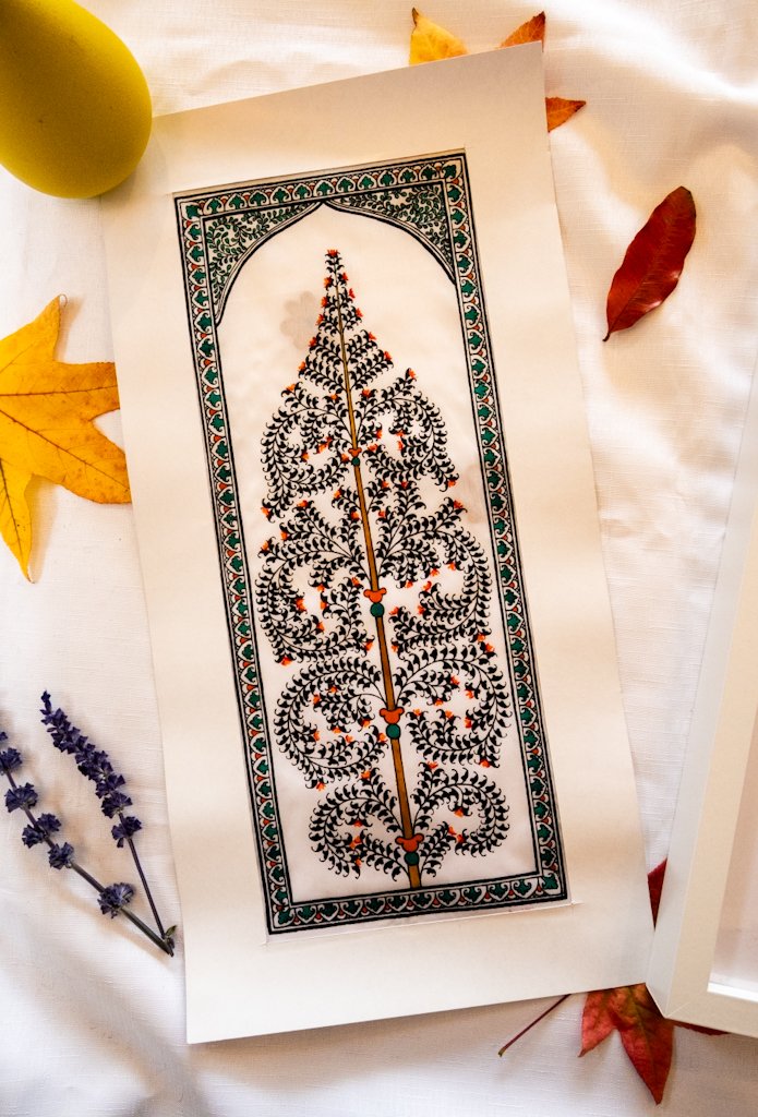 Handmade Pattachitra Painting – Intricate Black Leaf Motif with Green & Orange Accents