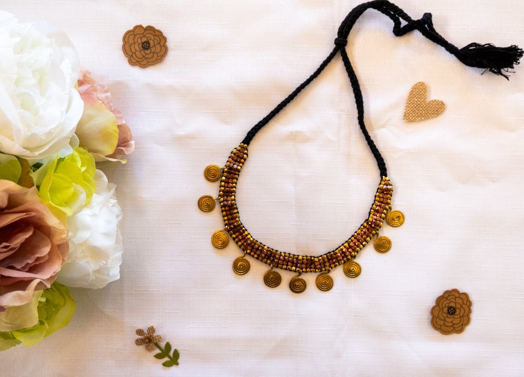 Handmade Dhokra Spiral Disc Necklace – Brass Beads on Black Cord