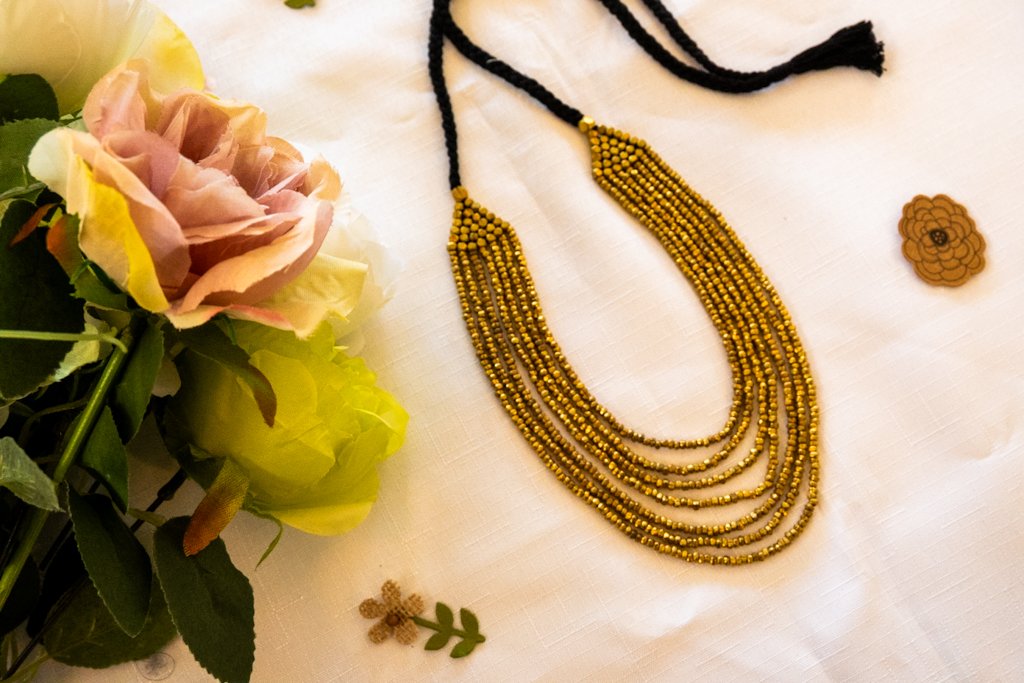 Handmade Dhokra Multi-Strand Brass Bead Necklace with Black Thread