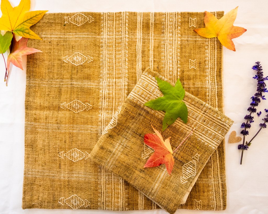 Handwoven Bhujodi Wool Cushion Cover – Earthy Ochre with White Kutch Motifs