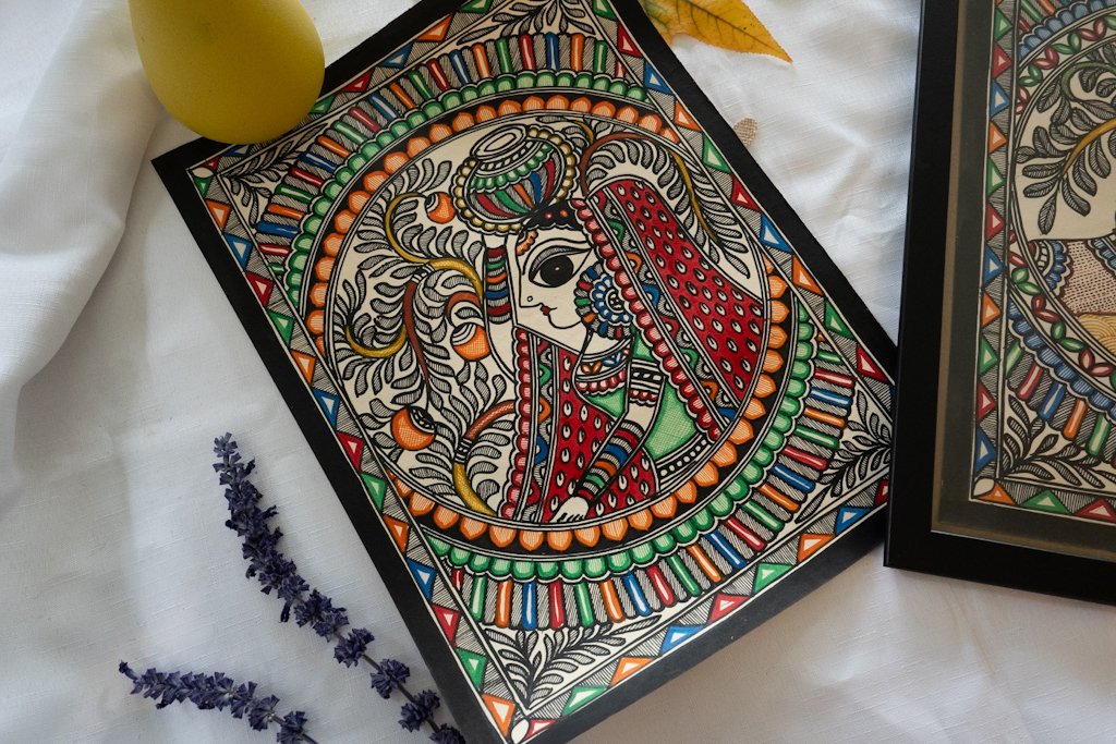 Handmade Madhubani Lady with Pot Painting – Elegant Indian Art