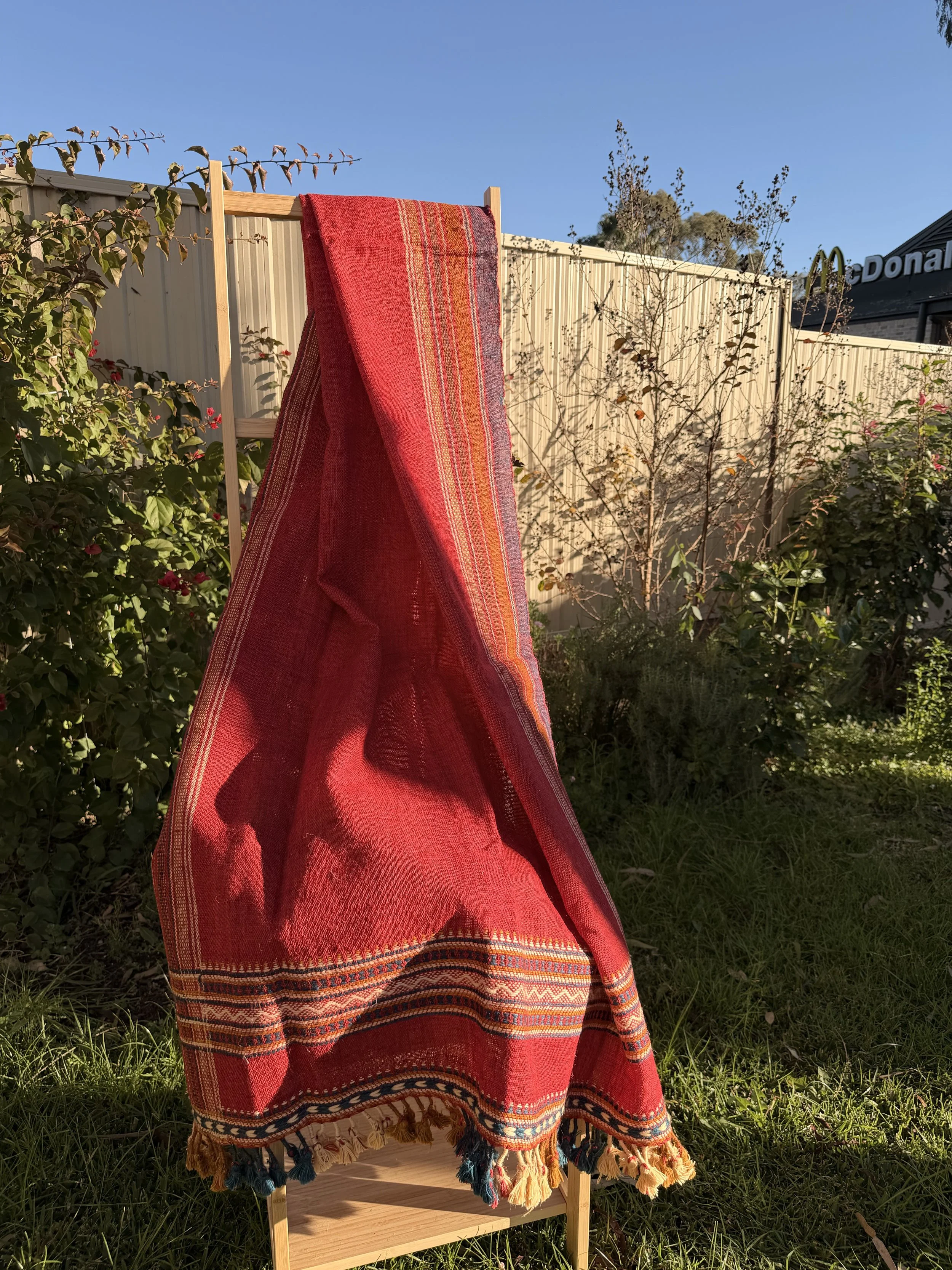 Handwoven Bhujodi Wool Throw Deep Red with Multicolour Kutch Motifs Tassels