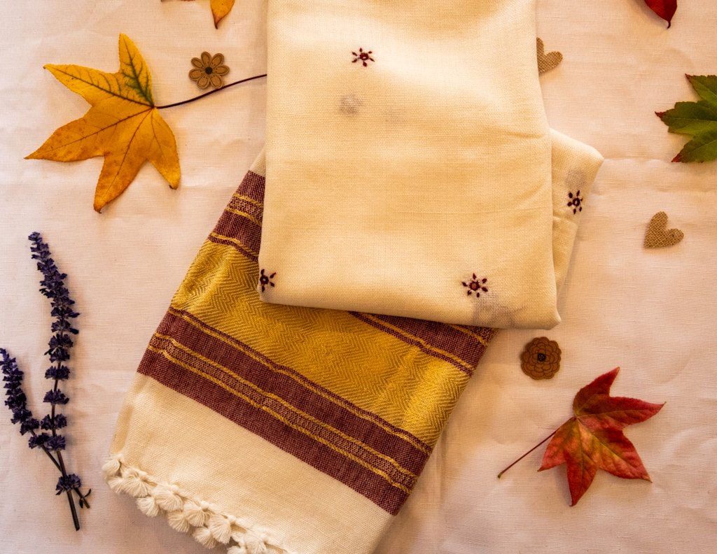 Handwoven Bhujodi Wool Shawl – Ivory with Mustard & Maroon Stripes and Tassels