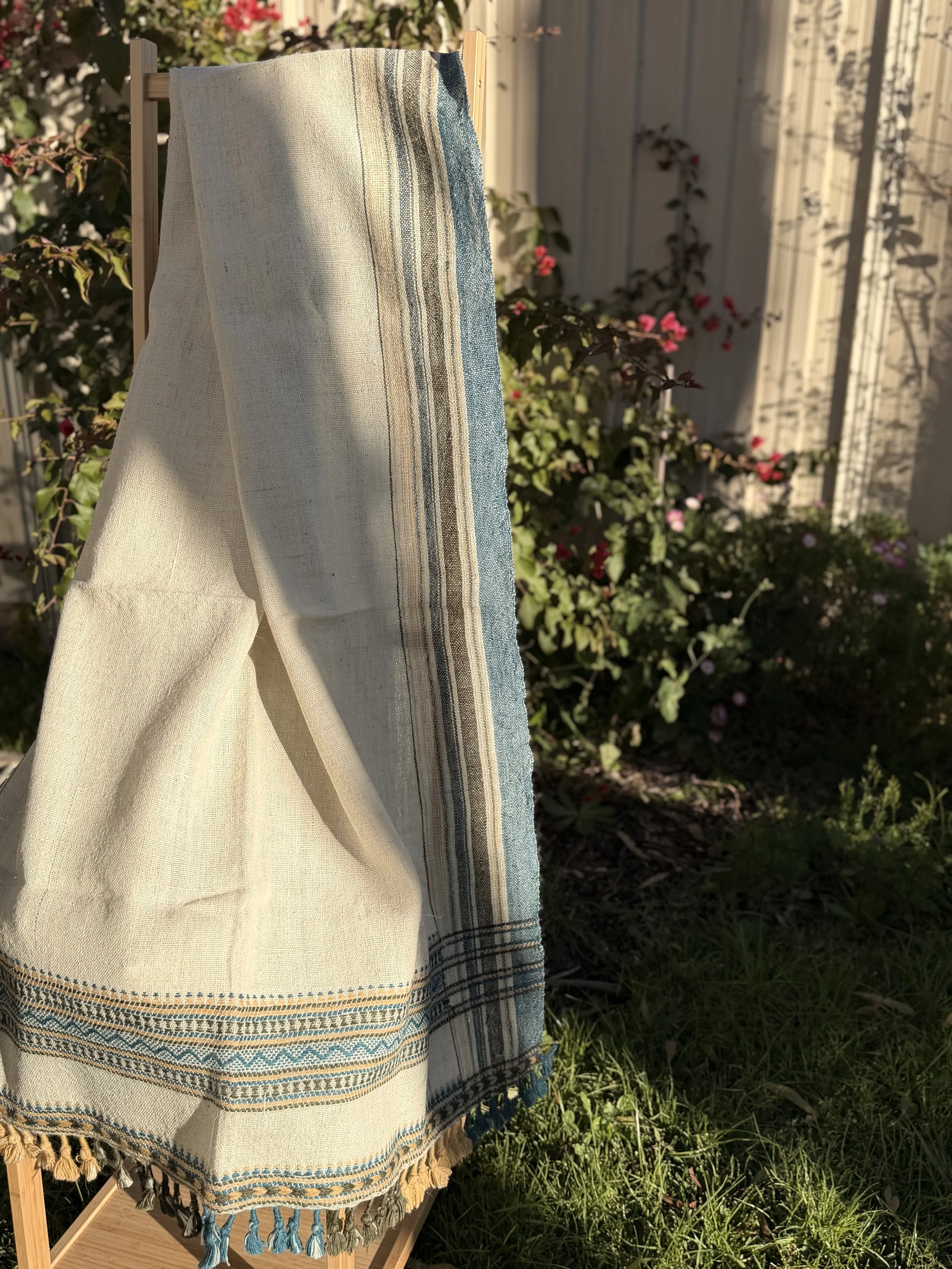 Handwoven Bhujodi Wool Throw Natural Ivory with Indigo Stripes Tassels