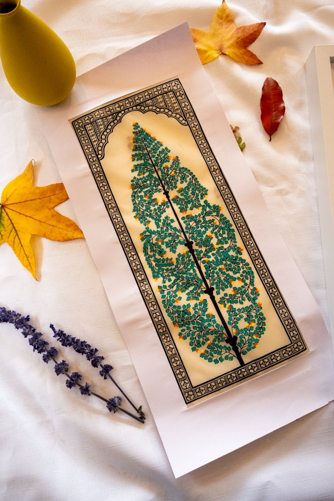 Handmade Pattachitra Painting – Intricate Green Foliage Motif with Yellow Accents