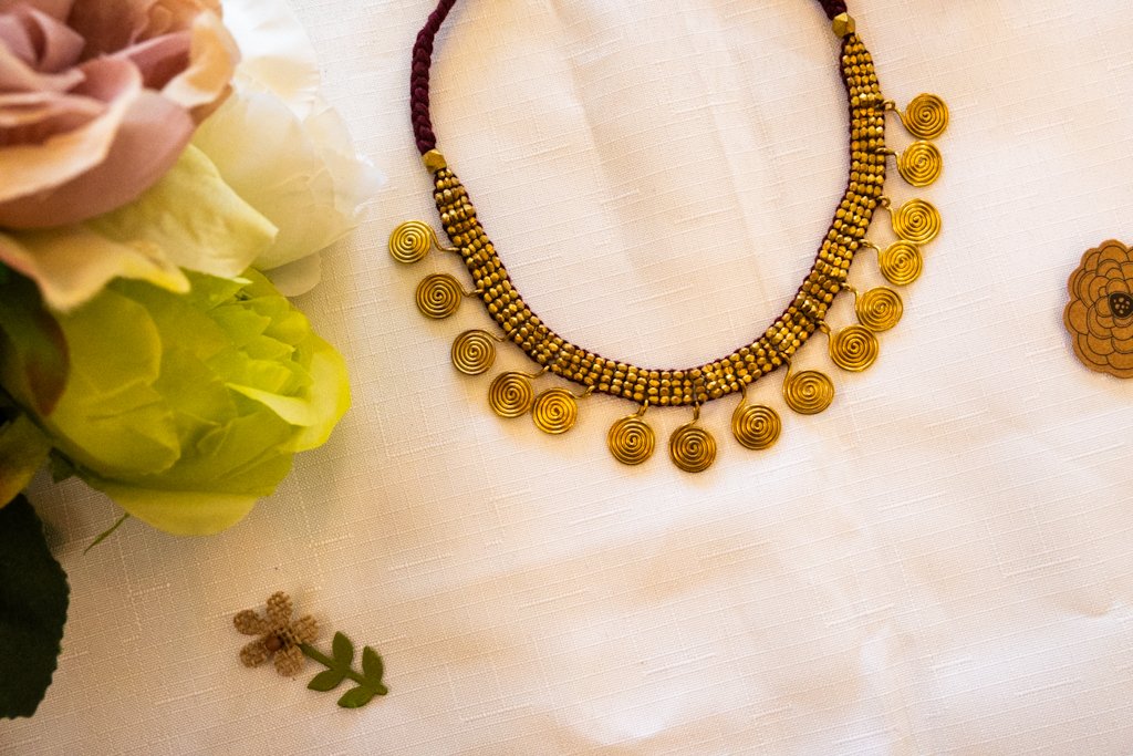 Handmade Dhokra Brass Spiral Pendant Necklace – Woven Bead Chain