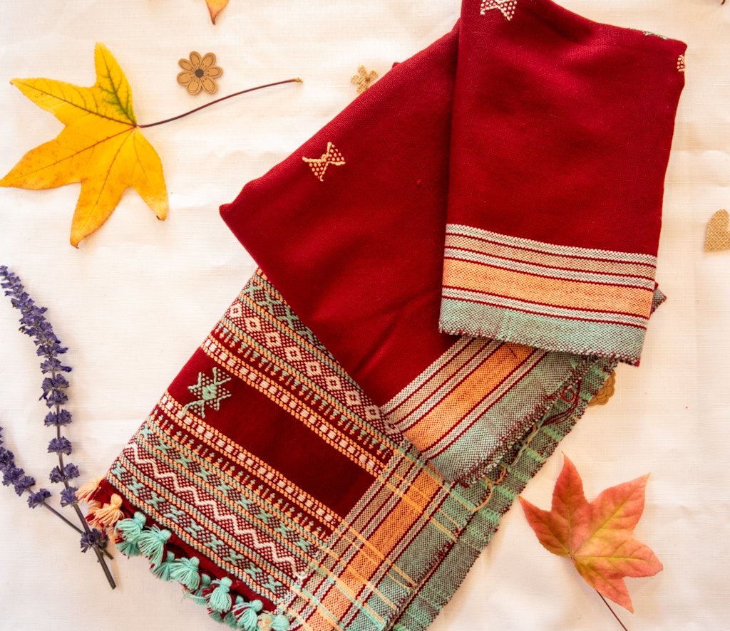 Handwoven Bhujodi Wool Shawl – Maroon with Traditional Kutch Motifs & Tassels