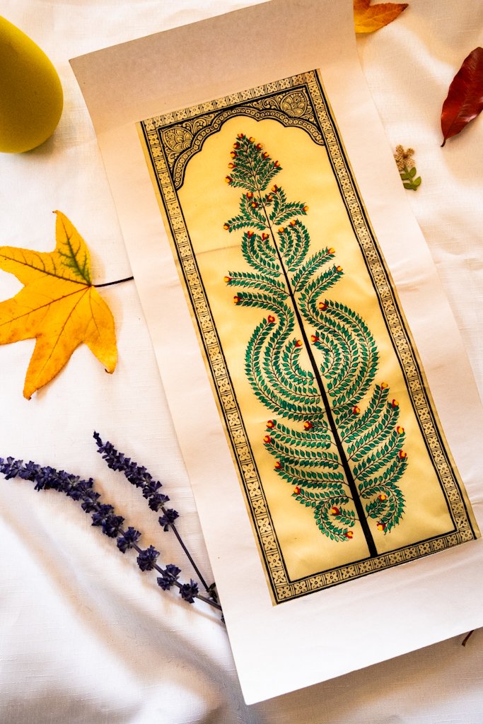 Handmade Pattachitra Painting – Traditional Leaf Motif in Green & Gold
