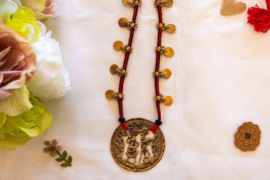 Handmade Dhokra Radha Krishna Pendant Necklace – Brass with Red-Black Cord