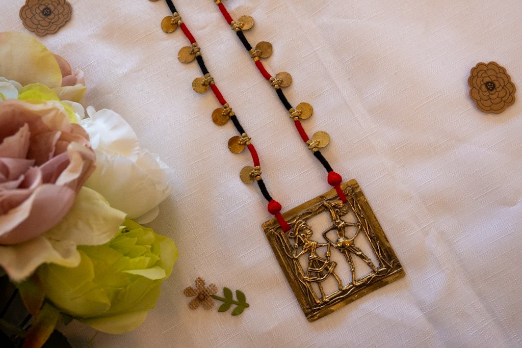 Handmade Dhokra Dance Motif Necklace – Brass Pendant with Red-Black Cord