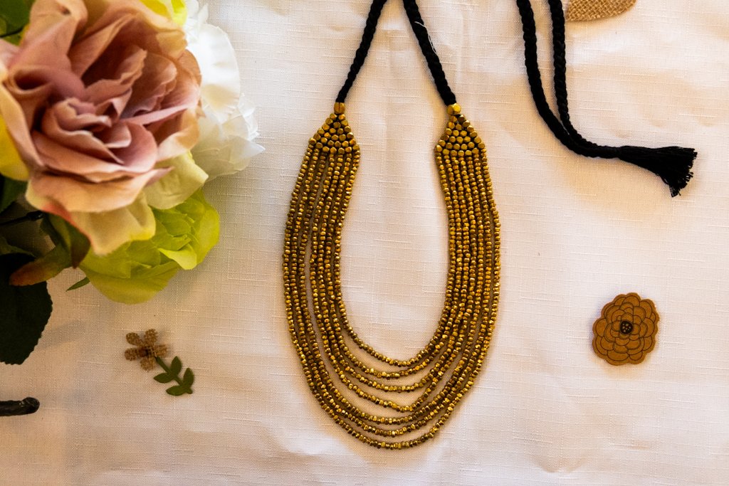 Handmade Dhokra Multi-Strand Brass Bead Necklace with Black Thread