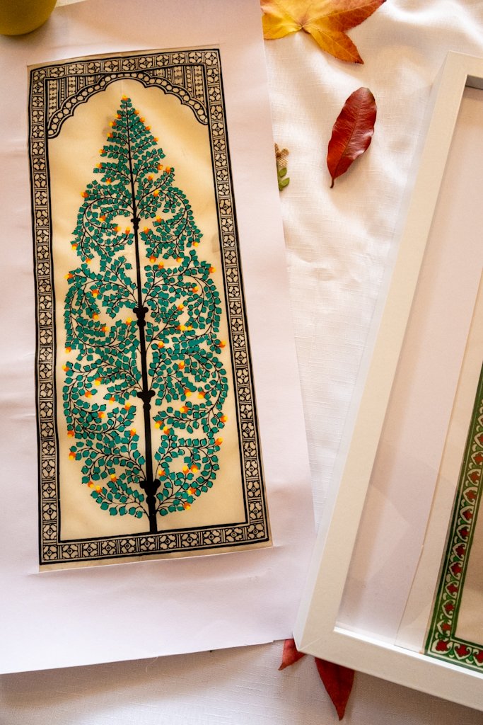 Handmade Pattachitra Painting – Intricate Green Foliage Motif with Yellow Accents