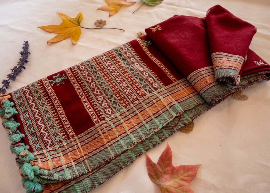 Handwoven Bhujodi Wool Shawl – Maroon with Traditional Kutch Motifs & Tassels