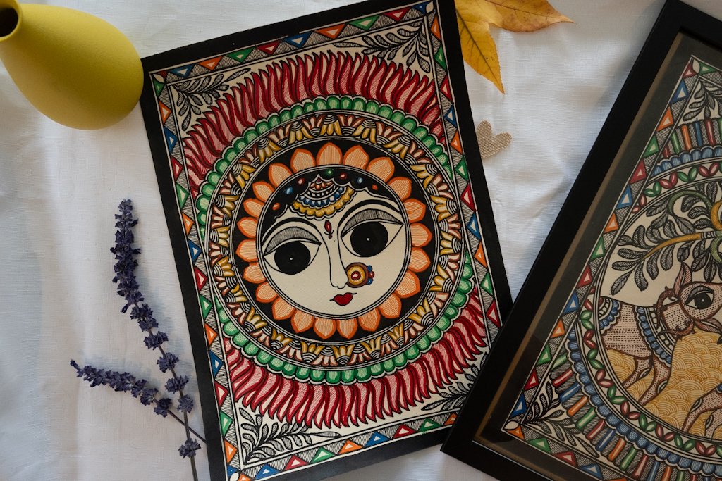 Handmade Madhubani Sun Face Painting – Vibrant Indian Art