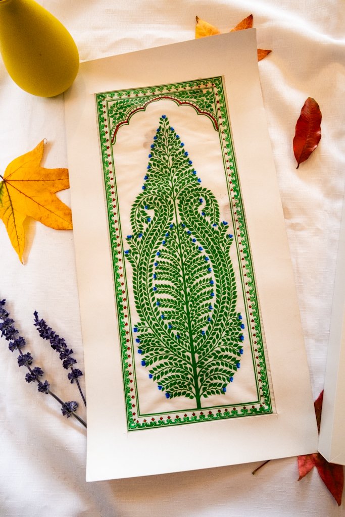 Handmade Pattachitra Painting – Intricate Green Leaf Motif with Blue Accents