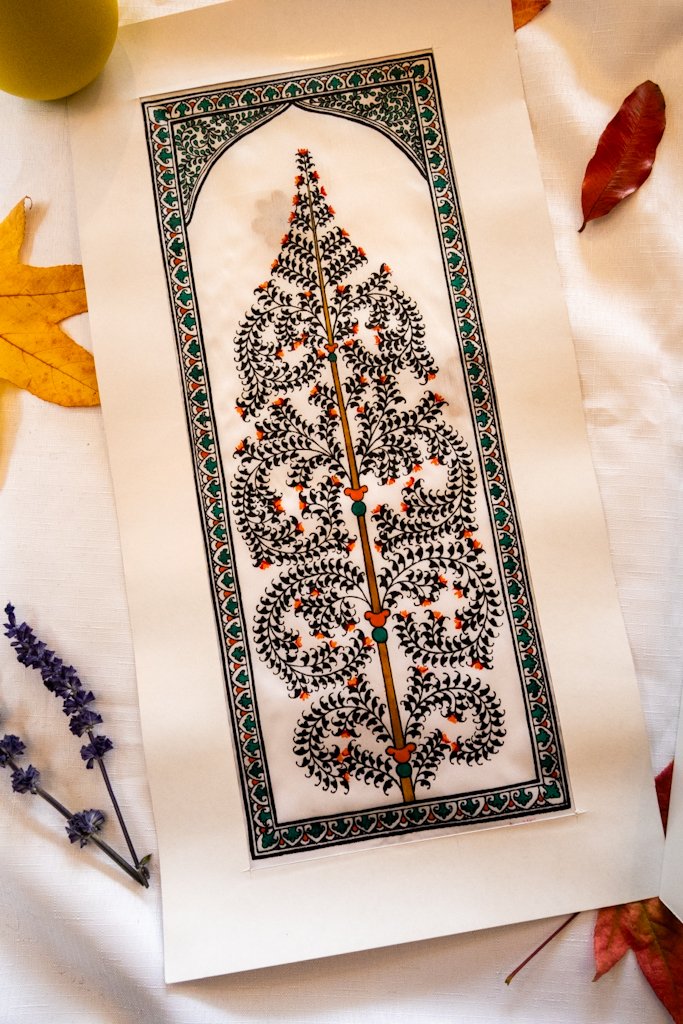 Handmade Pattachitra Painting – Intricate Black Leaf Motif with Green & Orange Accents