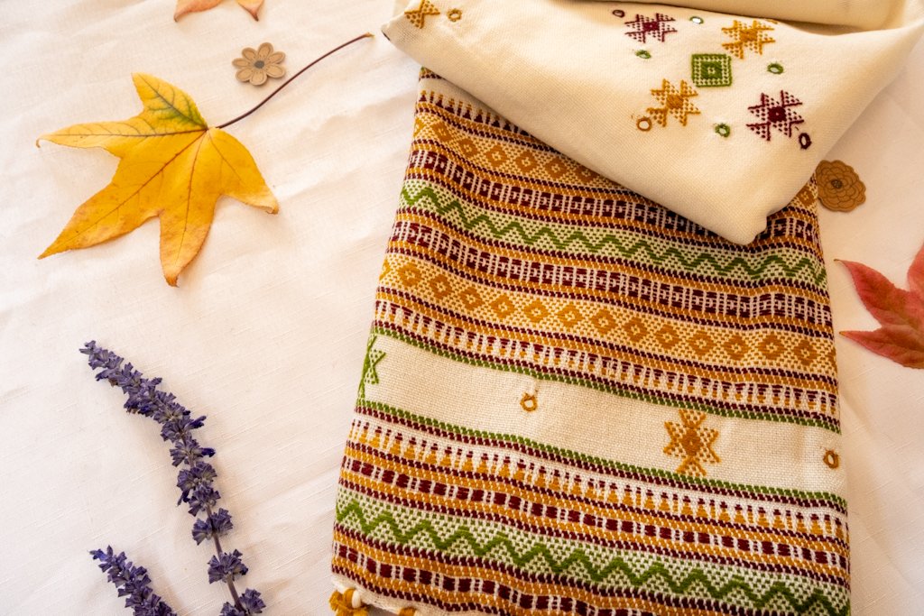 Handwoven Bhujodi Wool Shawl – Ivory with Multicolour Kutch Motifs & Borders