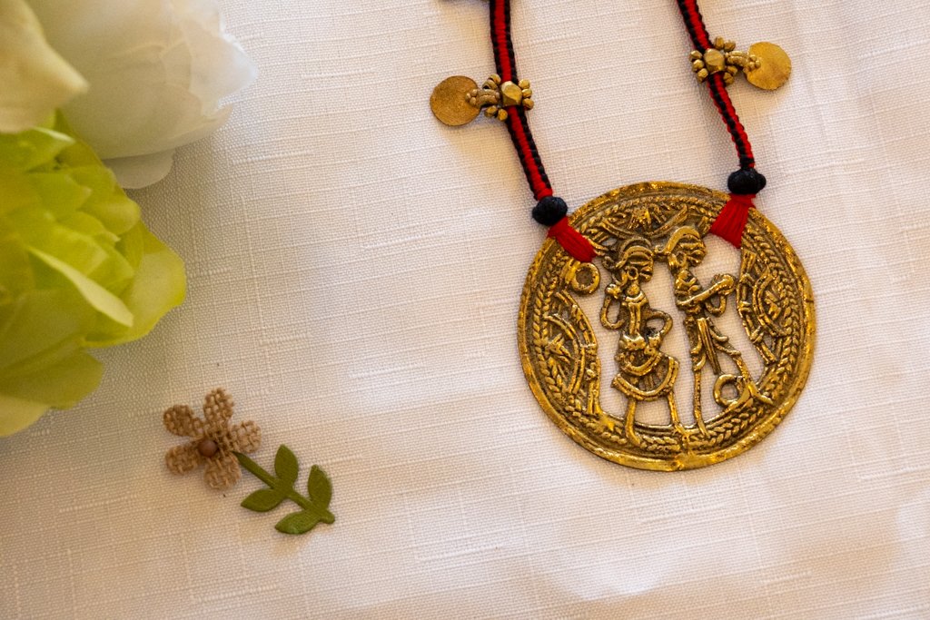 Handmade Dhokra Radha Krishna Pendant Necklace – Brass with Red-Black Cord