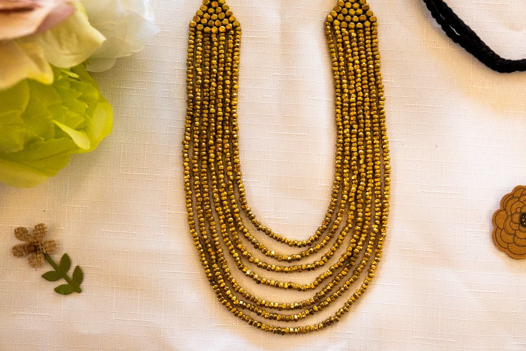 Handmade Dhokra Multi-Strand Brass Bead Necklace with Black Thread