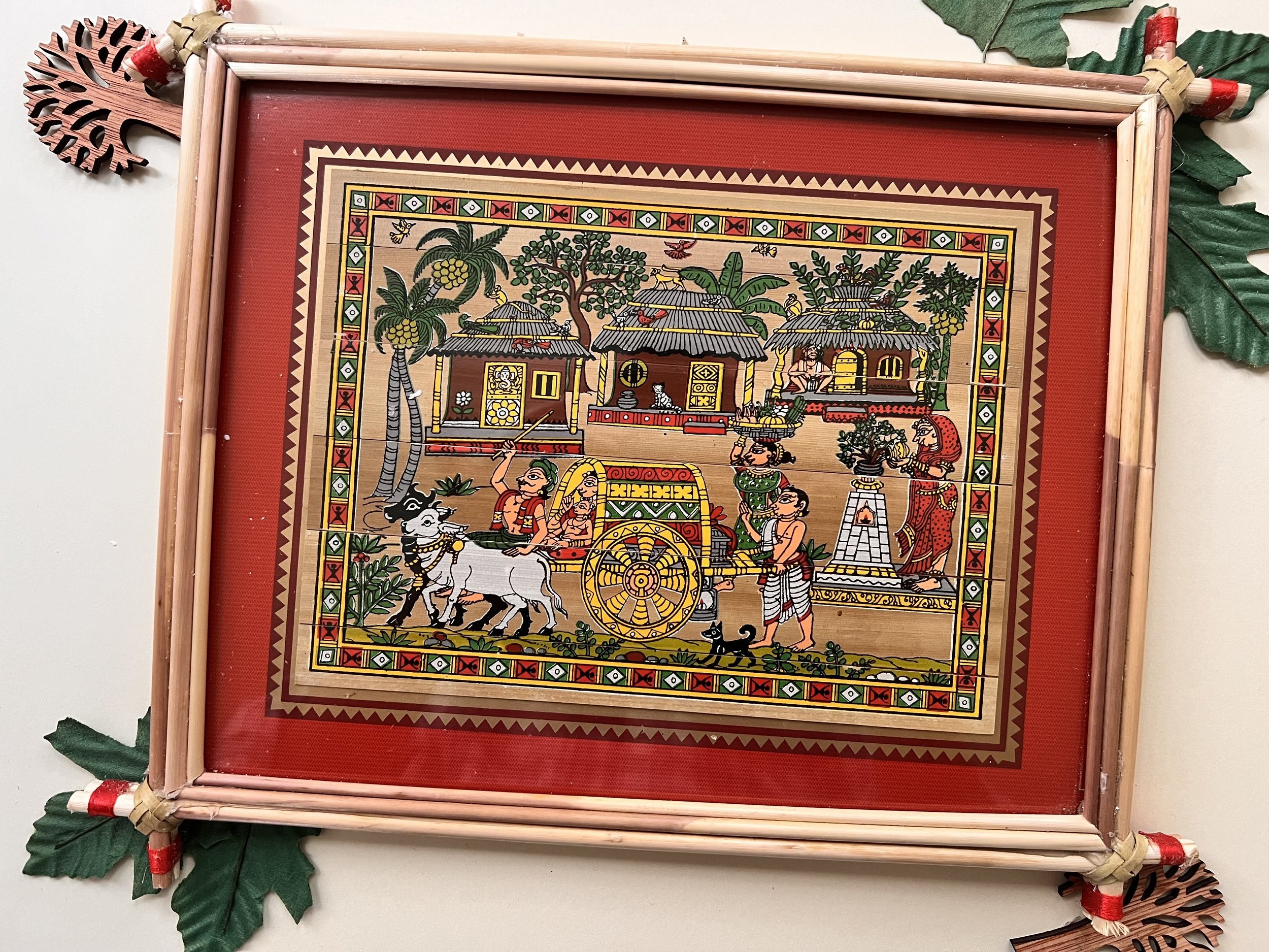 Handmade Pattachitra Bullock Cart Village Scene Painting – Bamboo Frame