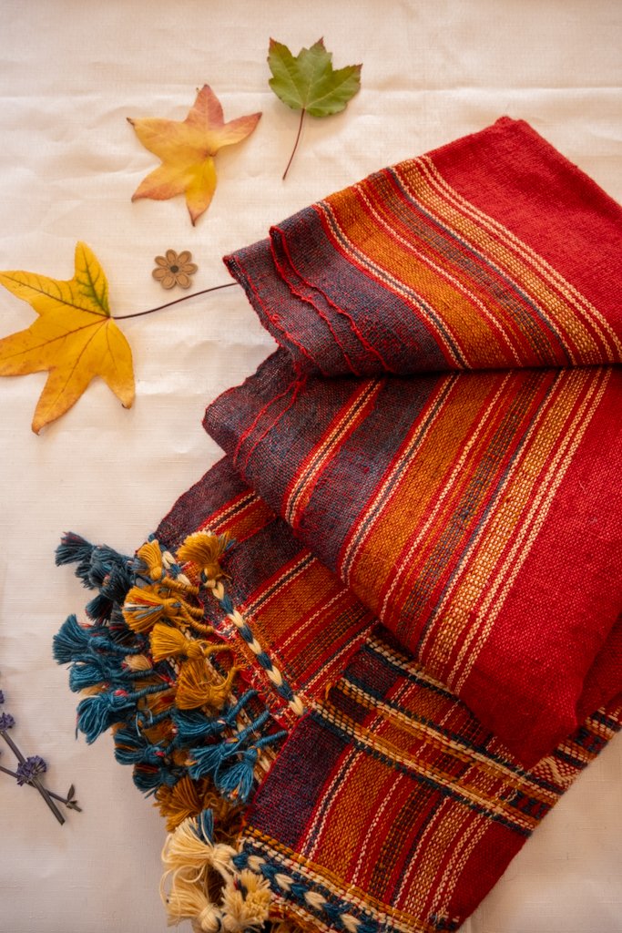 Handwoven Bhujodi Wool Throw – Deep Red with Multicolour Kutch Motifs & Tassels