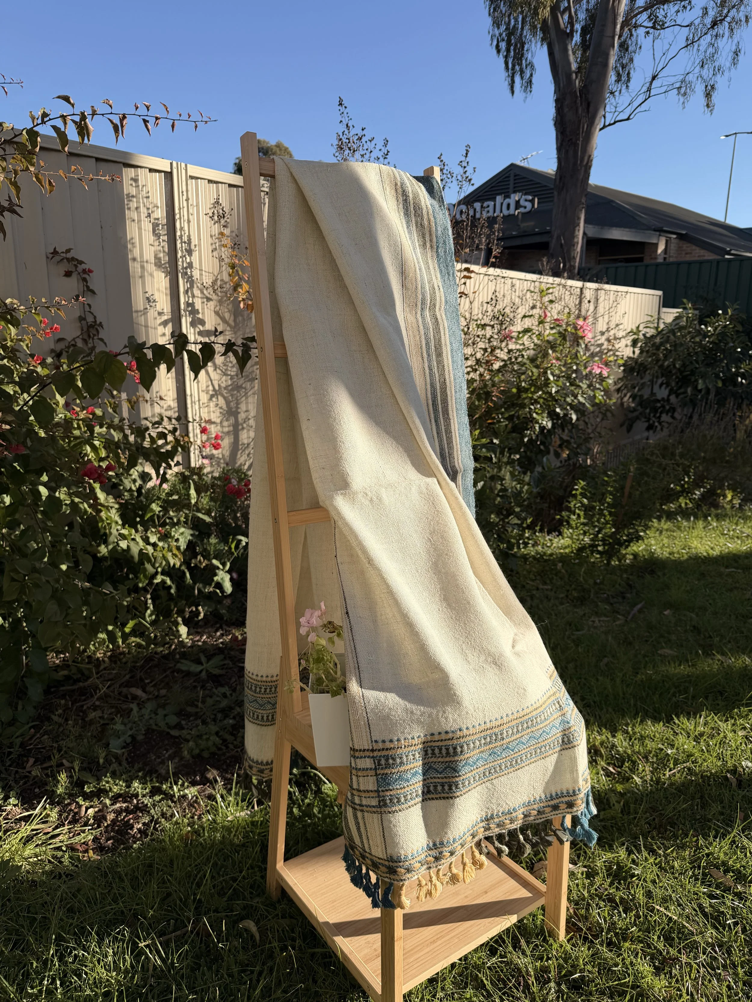 Handwoven Bhujodi Wool Throw Natural Ivory with Indigo Stripes Tassels