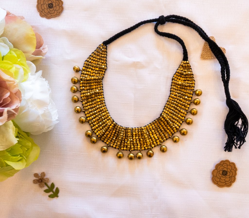 Handmade Dhokra Layered Brass Bead Necklace – Black Cord