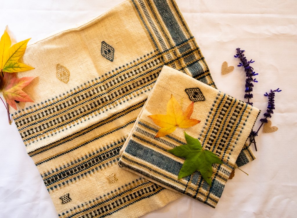 Handwoven Bhujodi Wool Cushion Cover – Natural Ivory with Indigo & Mustard Motifs