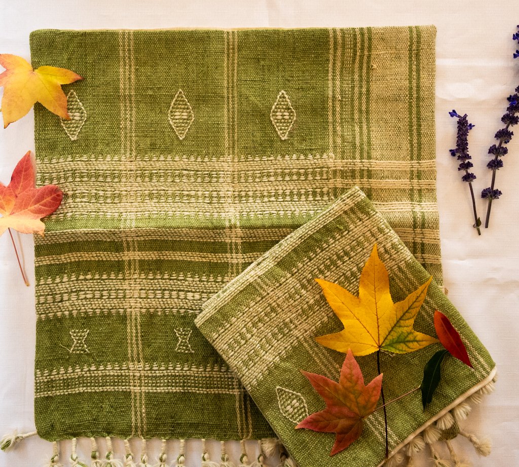 Handwoven Bhujodi Wool Cushion Cover – Sage Green with Ivory Motifs & Tassels