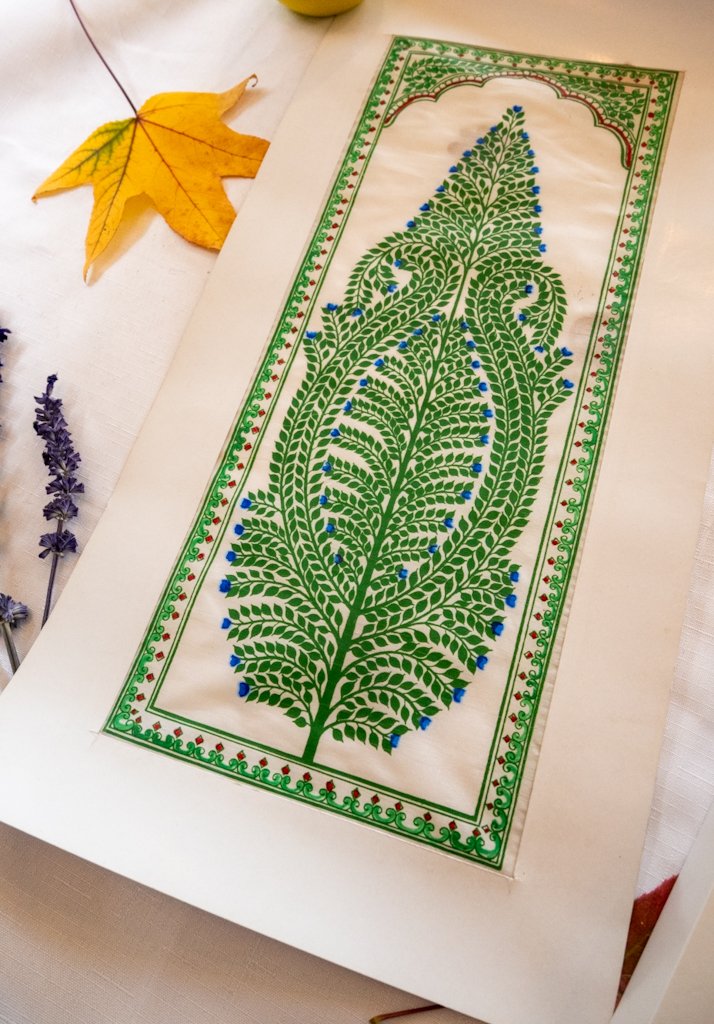Handmade Pattachitra Painting – Intricate Green Leaf Motif with Blue Accents